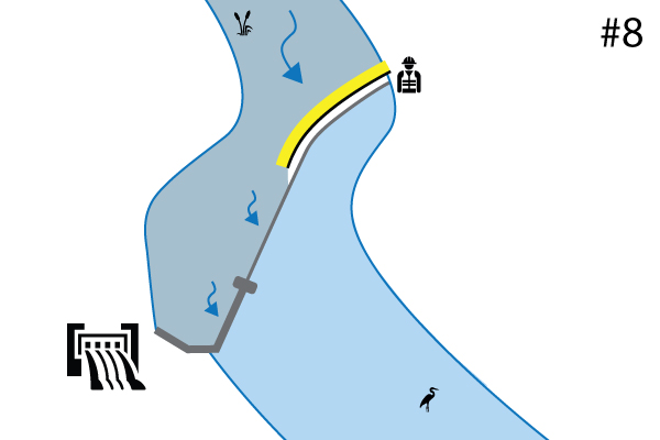 Water-Gate © flexibla kofferdammar. Diagram över en installation på en flodtröskel Spillway. Fall nr 7